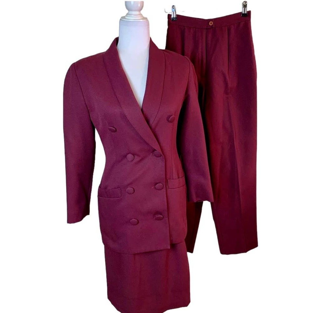 Vintage Size 4 3-Piece Double Breasted Jacket Skirt & Pant Suit Burgundy